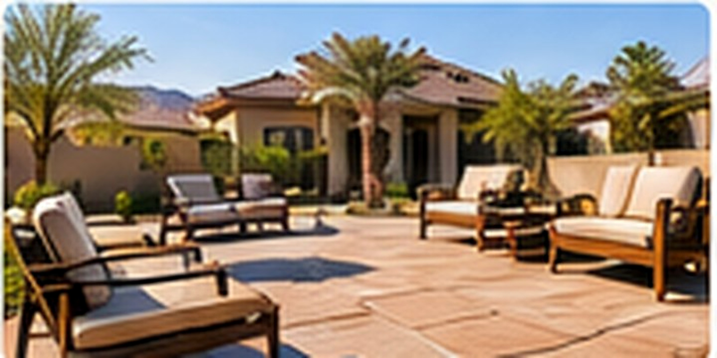 Concrete patio in a desert landscaped backyard