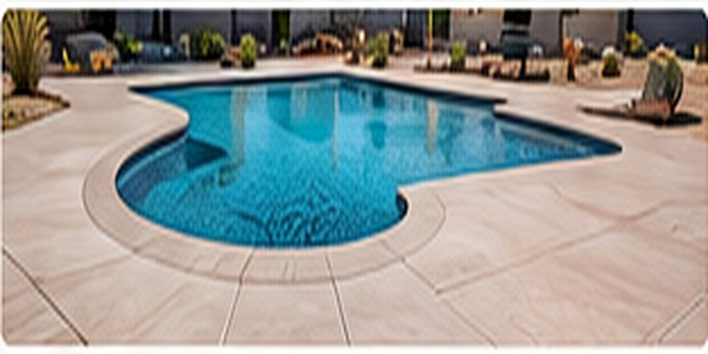 Concrete pool deck around a backyard swimming pool