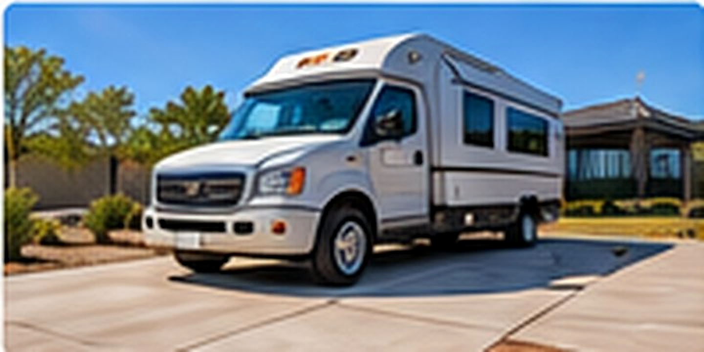 RV on a concrete parking pad in a desert residential setting