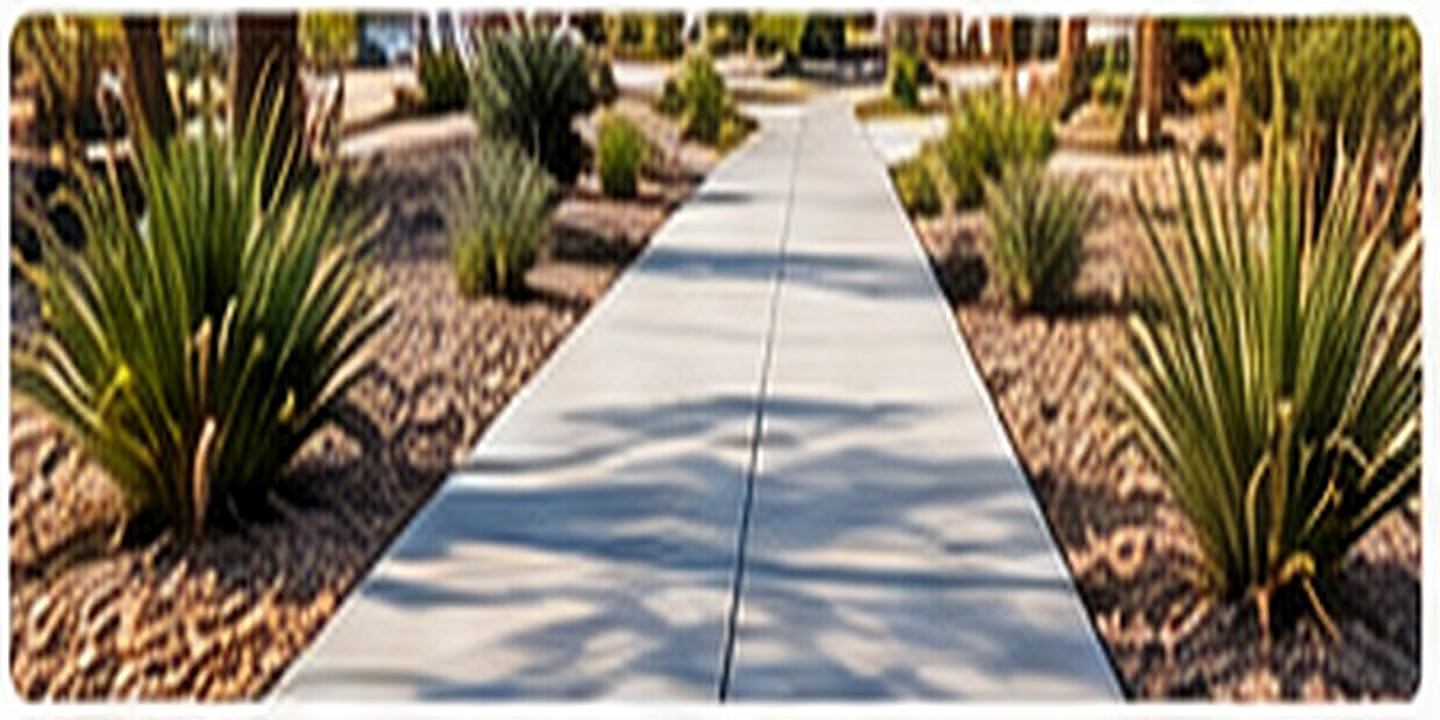 Concrete walkway through desert landscaping
